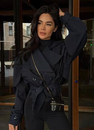 Жіночий повсякденний укорочений двобортний тренч щільна плащівка memori темно-синій