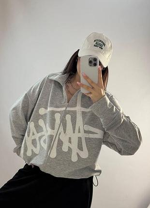 Жіноча кофта stussy на блискавці s-l на весну-літо вільна зепка худі двонитка з принтом 42-48 сірий