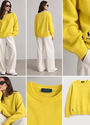 Яскраво-жовтий в'язаний светр polo ralph lauren з невеликим вишитим синім логотипом у нижній частині, оригінал