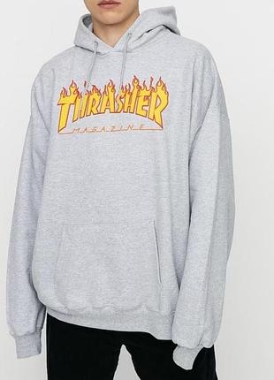 Мужское худи thrasher серое с огнем толстовка с капюшоном трешер унисекс кофта l