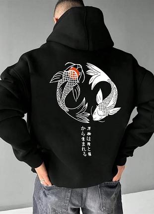 Худі loys толстовка оверсайз з принтом "carp & japanese - японський короп", чорний l