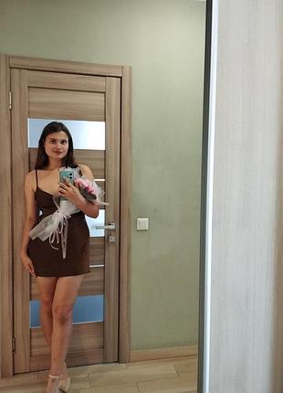 Коротка жіноча сукня комбінація шовкова коричнева