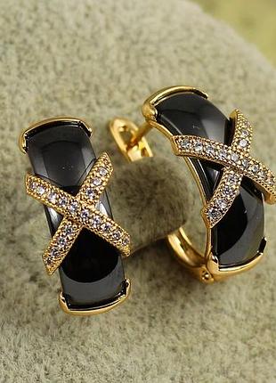 Сережки xuping jewelry золотий перетин з чорною керамікою 1,8 см золотисті