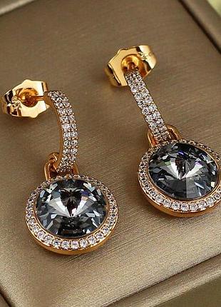 Сережки підвіски xuping jewelry сваровськи романс із чорними каменями 2,8 см золотисті