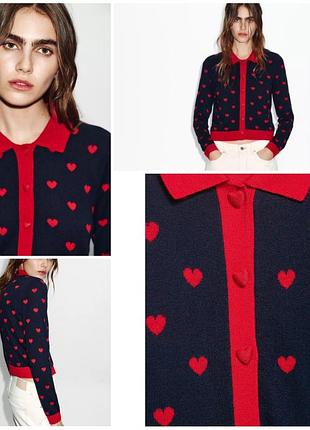 Жіночий кардиган zara темно-синій з червоними серцями