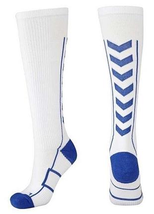 Високі спортивні шкарпетки hummel tech indoor sock high білого кольору з синіми елементами.