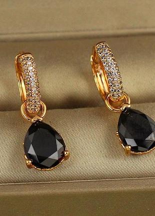 Серьги подвески xuping jewelry со съемной черной каплей 2,5 см золотистые