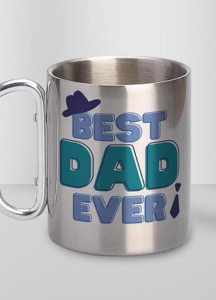 Кружка металлическая с карабином туристическая "best dad ever" 400 мл серебристая