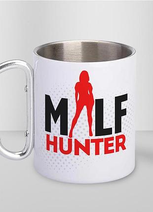 Кружка металлическая с карабином туристическая "milf hunter" 400 мл белая