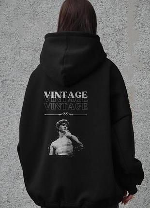 Жіноче оверсайз худі толстовка на флісі з капюшоном та принтом without vintage black
