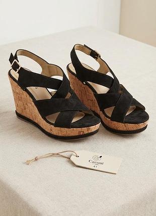 Шоколадные замшевые босоножки на пробковой танкетке g casual by gémo, размер 39,5-40 (укр)