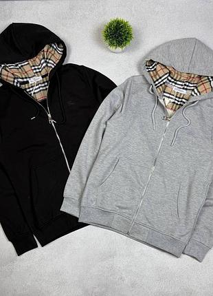 Кофта чоловіча burberry на змійці з капюшоном, чорна та сіра