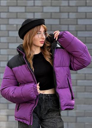 Жіночий пуховик the north face фіолетовий зимовий теплий з капюшоном куртка тнф