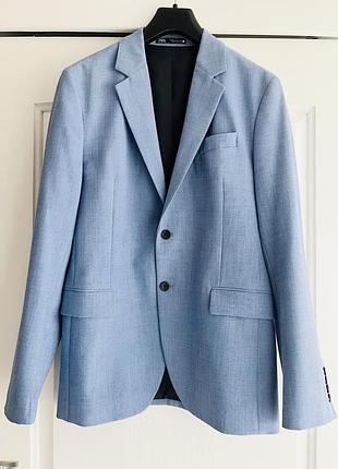Мужской пиджак блейзер с двумя шлицами zara голубой 48 р