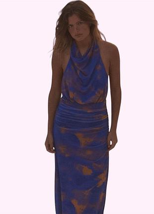 Сукня сітка тюлева під горло з відкритою спиною zara l синя