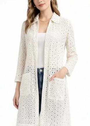 Кружевной кардиган накидка длинная рубашка блуза кремовая zara xs-s