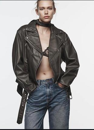 Куртка жіноча zara косуха оверсайз хакі/коричнево-сірий з ефектом потертостей