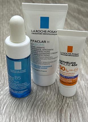 Набір для догляду за обличчям la roche-posay: сироватка hyalu b5, заспокійливий очищувальний крем effaclar h iso-biome та сонцезахисний флюїд anthelio