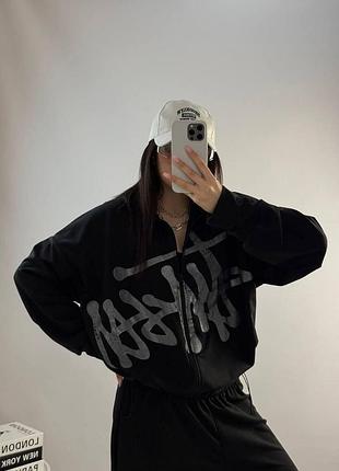 Жіноча кофта stussy на блискавці s-l на весну-літо вільна зепка худі двонитка з принтом 42-48 чорний