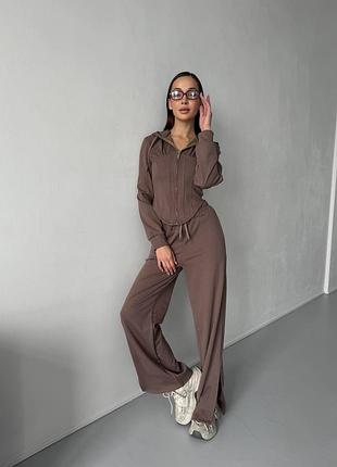 Костюм спортивный женский теплый на флисе кофта на молнии с капишоном брюки свободного кроя на высокой посадке с карманами 314