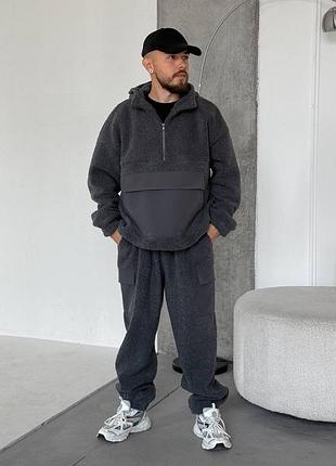 Чоловічий спортивний костюм з шерпи на флісі худі з капюшоном і штани графіт, розмір 46-48