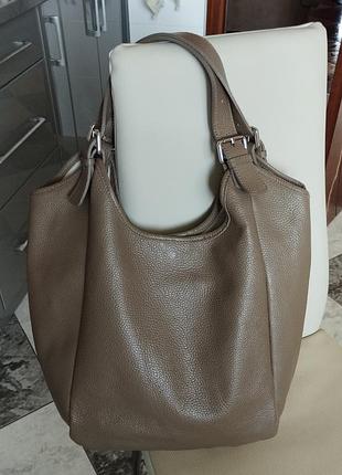 Итальянская кожаная сумка хобо шоппер тауп genuine leather made in italy