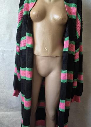 Стильний довгий жіночий кардиган у смужку (оверсайз) 5 xl ,колір:чорний, рожевий, зелений. стан відмінний