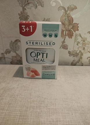 Корм для котів opti meal sterilised з індичкою та курячим філє у соусі