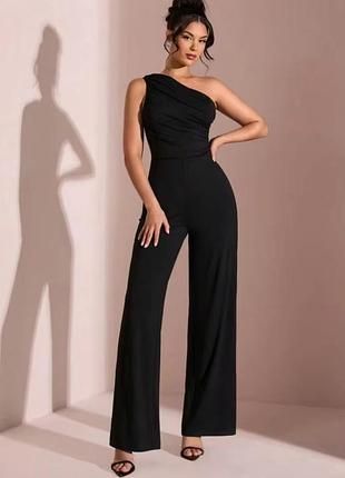 Женский черный комбинезон wide leg с асимметричными плечами от plt