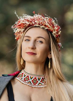 Венок из сухоцветов на голову красно-белый к фестивалю «вирий» 22*22*7 см