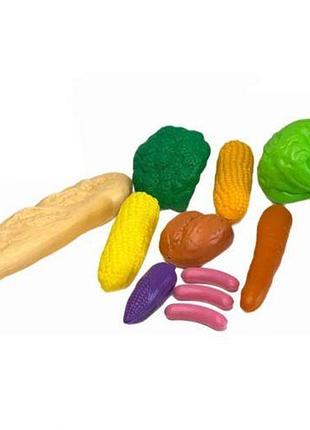 Дитячий набір продуктів: капуста, броколі, кукурудза, багет, морква, булочка, 3 сосиски