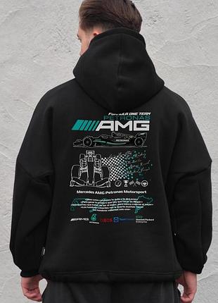 Мужское оверсайз худи толстовка на флисе с капюшоном и принтом without amg black