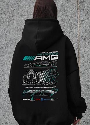 Жіноче оверсайз худі толстовка на флісі з капюшоном та принтом without amg black