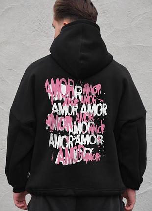 Чоловіче оверсайз худі толстовка на флісі з капюшоном та принтом without amor black