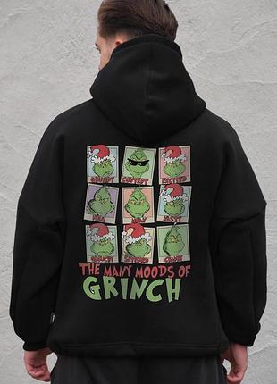 Мужское оверсайз худи толстовка на флисе с капюшоном и принтом without grinch black