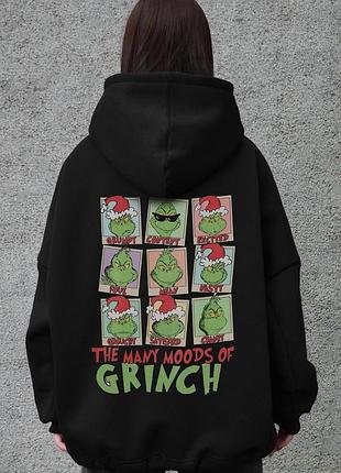 Женское оверсайз худи толстовка на флисе с капюшоном и принтом without grinch black