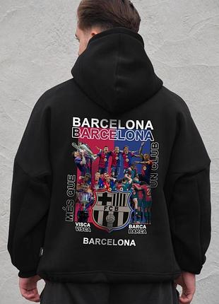 Чоловіче оверсайз худі толстовка на флісі з капюшоном та принтом without barcelona black