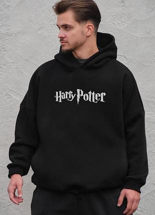 Мужское оверсайз худи толстовка на флисе с капюшоном и принтом without harry potter black