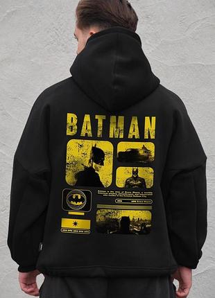 Мужское оверсайз худи толстовка на флисе с капюшоном и принтом without batman black
