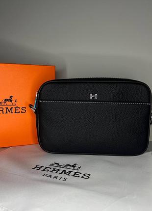 Сумка чоловіча hermes чорна шкіряна