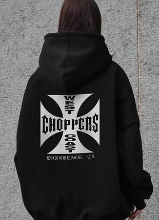 Женское оверсайз худи толстовка на флисе с капюшоном и принтом without choppers black