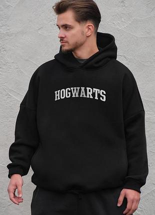 Мужское оверсайз худи толстовка на флисе с капюшоном и принтом without hogwarts black