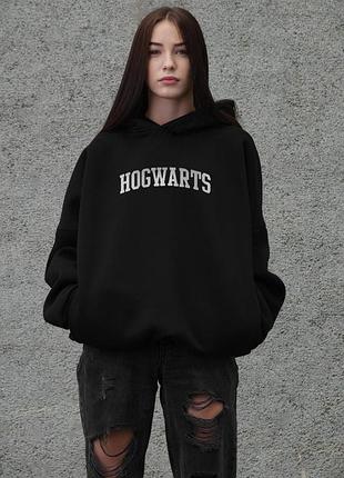 Женское оверсайз худи толстовка на флисе с капюшоном и принтом without hogwarts black