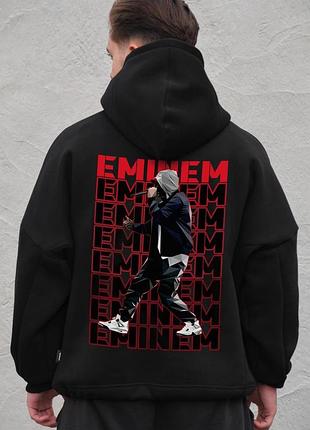 Чоловіче оверсайз худі толстовка на флісі з капюшоном та принтом without eminem black