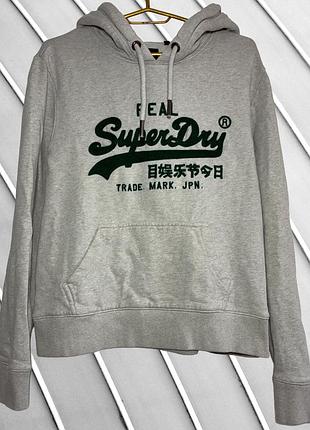 Женское серое худи superdry l 40 46 48 супердрай кофта с капюшоном и вышивкой оверсайз толстовка базовая superdry l 46 48