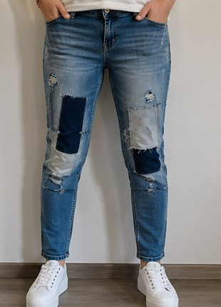 Женские джинсы rainbow patchwork slim голубые рваные ru 52