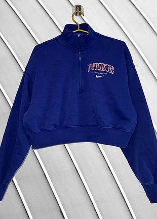 Женский синий укороченный свитшот 1/4 zip nike s m 36 42 42 44 найк кроп кофта на молнии с надписью nike athletic dept. s m