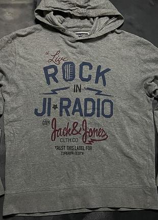 Винтажное серое худи jack &amp; jones rock graphic hoodie / меланжевая толстовка jack &amp; jones l