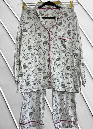 Жіноча біла бавовняна піжама з котиками tu uk18 eu46 2xl 3xl 52 54 ту домашній костюм сорочка та штани з котами tu uk18 eu46 54