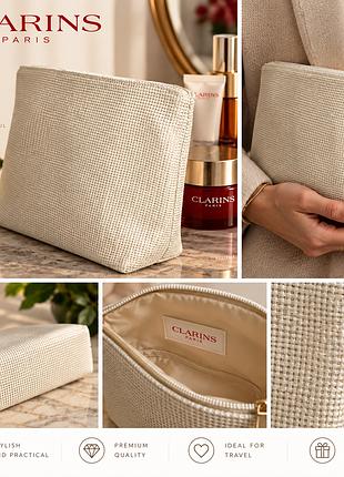 Сумочка косметичка clarins цвета айвори+подарок